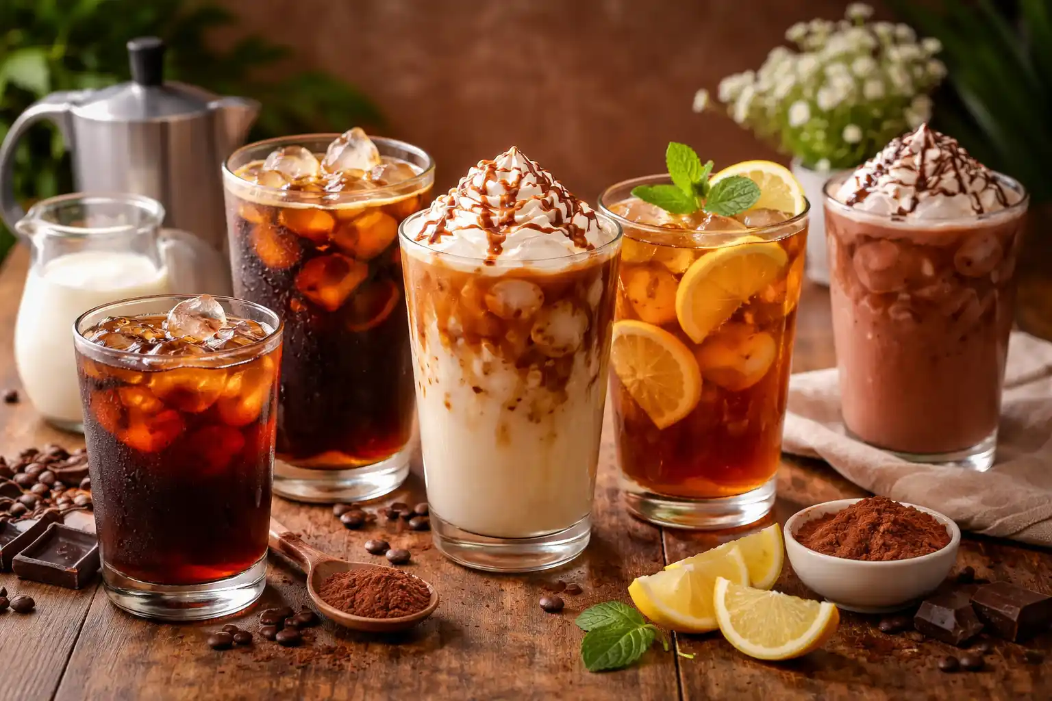 homemade iced drinks including iced latte cold brew iced tea and caramel latte in clear glasses