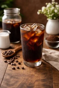 cold brew coffee in a glass with ice cubes and dark smooth texture