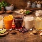 Six homemade cold drinks on a wooden table with natural ingredients like dates, ginger, barley, carrot, and tamarind in a warm kitchen setting