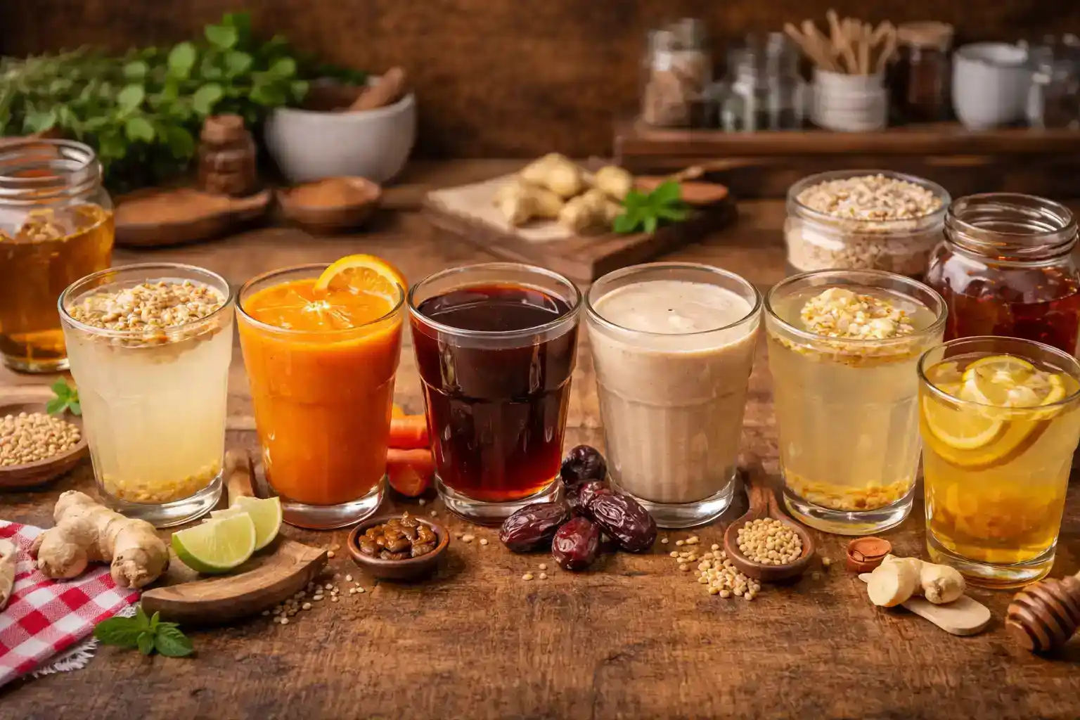 Six homemade cold drinks on a wooden table with natural ingredients like dates, ginger, barley, carrot, and tamarind in a warm kitchen setting