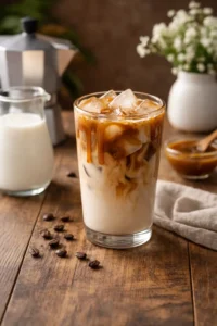 iced caramel latte with milk coffee and caramel drizzle in clear glass