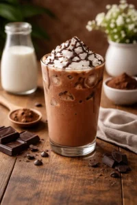 iced chocolate drink with cocoa milk and ice in a glass