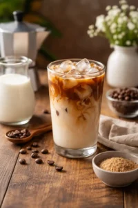iced latte with milk and espresso in a clear glass with ice