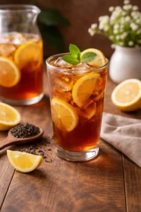 iced tea with lemon slices in a glass with ice cubes