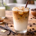 Iced vanilla latte in a clear glass with milk, espresso, vanilla, and ice cubes on a wooden table.
