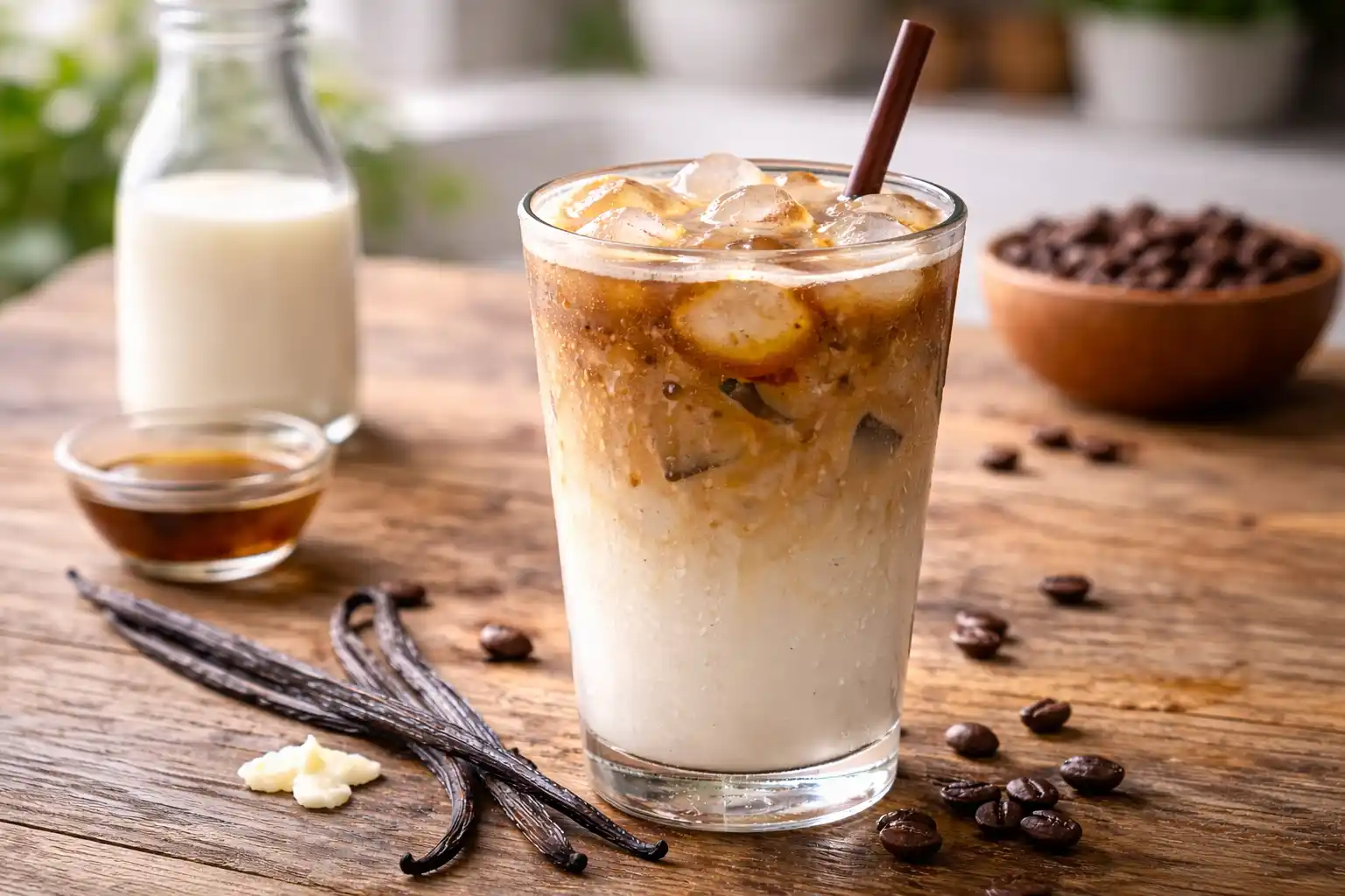 Iced vanilla latte in a clear glass with milk, espresso, vanilla, and ice cubes on a wooden table.