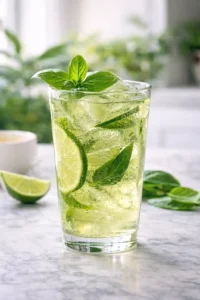 Lime basil tonic cold drink in a clear glass with fresh lime slices and basil leaves on a bright kitchen counter