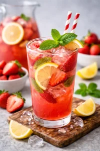 strawberry lemon refresher iced fruit drink with fresh strawberries