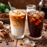 cold brew vs iced latte comparison in clear glasses on wooden table with ice and coffee beans