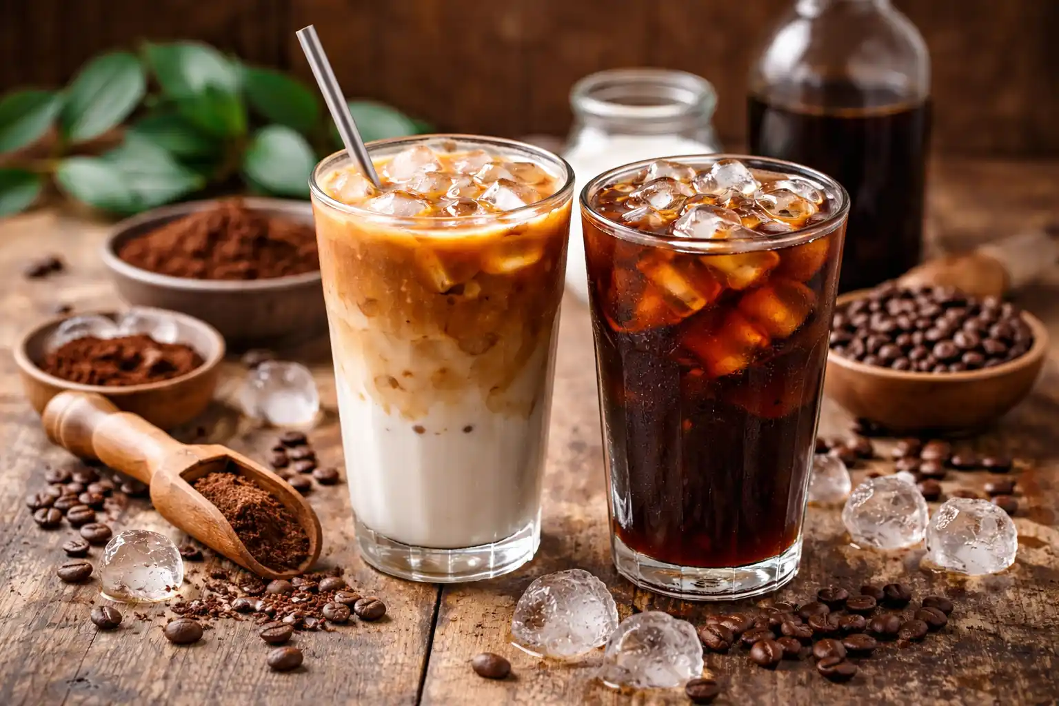 cold brew vs iced latte comparison in clear glasses on wooden table with ice and coffee beans