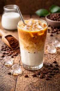 iced latte with milk and espresso layered in a clear glass with ice on a wooden table