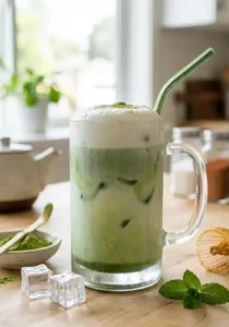 Refreshing iced matcha latte with creamy white froth, served with matcha powder and a bamboo whisk on a wooden kitchen counter.
