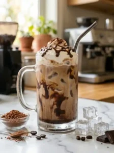 Homemade layered iced mocha in a tall glass with whipped cream and chocolate drizzle on a marble kitchen counter.