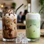 Side-by-side comparison of an iced mocha with chocolate drizzle and an iced matcha latte with creamy foam, surrounded by ice cubes and ingredients on a kitchen counter.