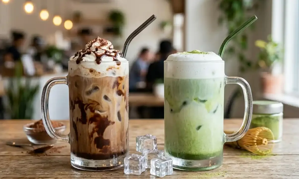 Side-by-side comparison of an iced mocha with chocolate drizzle and an iced matcha latte with creamy foam, surrounded by ice cubes and ingredients on a kitchen counter.